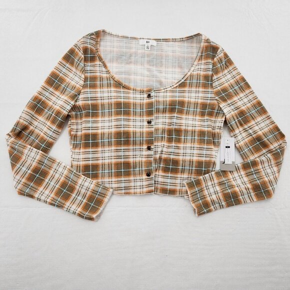 BP Womens Size Small Brown Plaid Cropped Long Sleeve Button Front Shirt Top - Picture 1 of 5